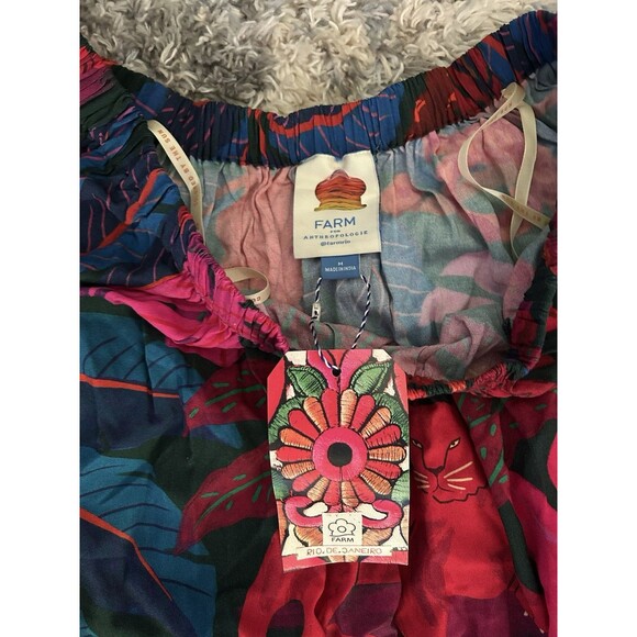 Farm Rio Off Shoulder Dress Coverup Anthropologie Tropical Leaf Tiered Siz M NEW - Picture 8 of 10